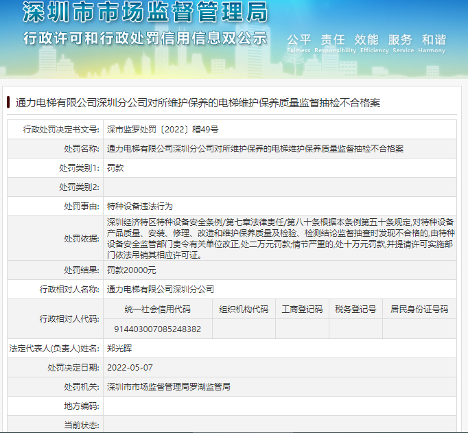 罰款2萬元！通力電梯有限公司深圳分公司被處罰